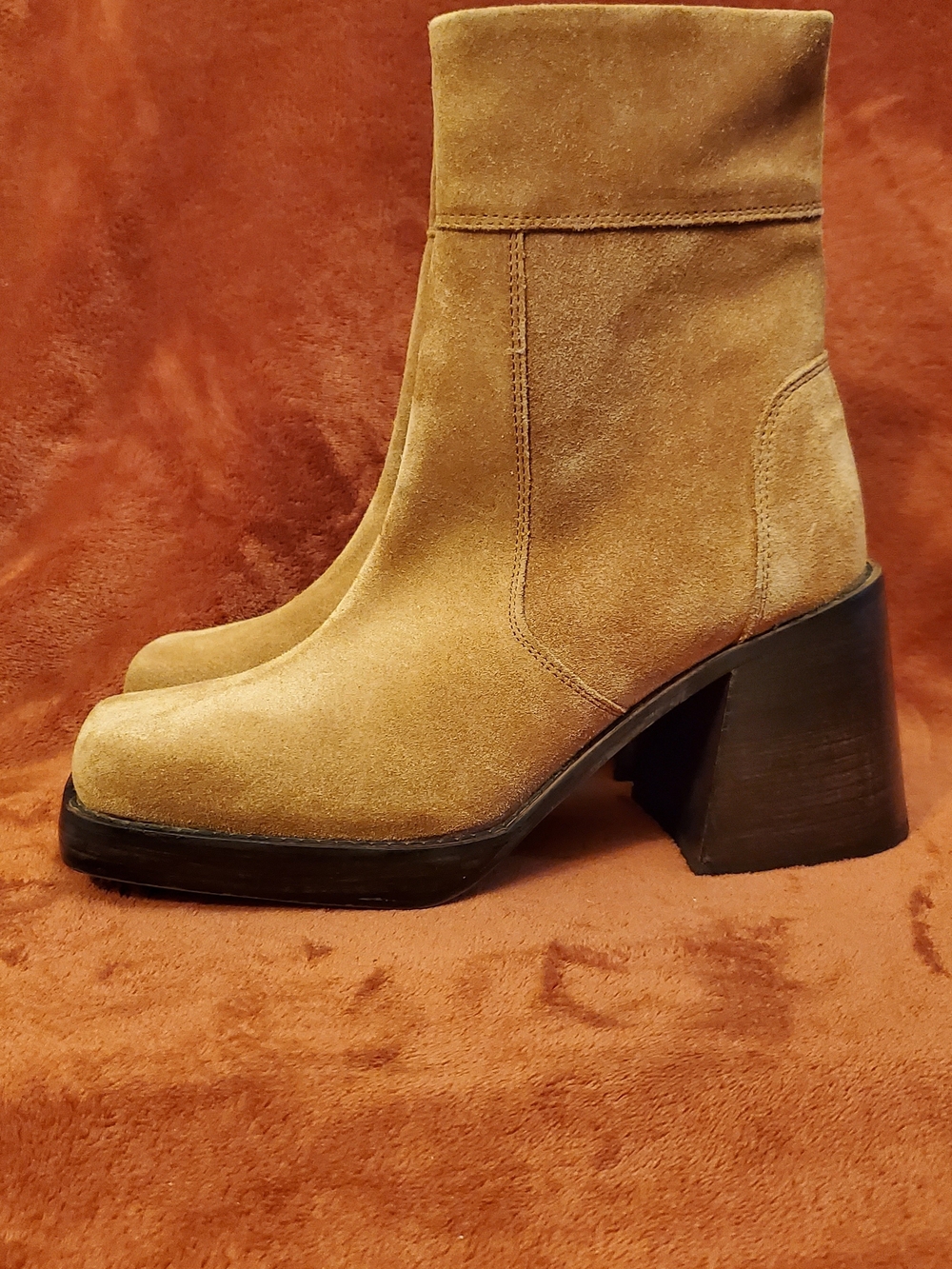 Tan Suede Leather Block Heel Ankle Boots